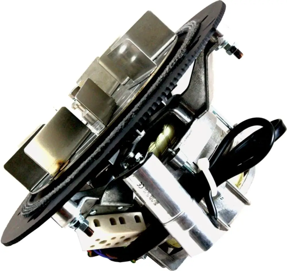 Saugzugventilator mit Grundplatte, gefertigt aus Metall und Kunststoff. Verwendung in Belüftungssystemen, möglicherweise von der Marke Wolf.